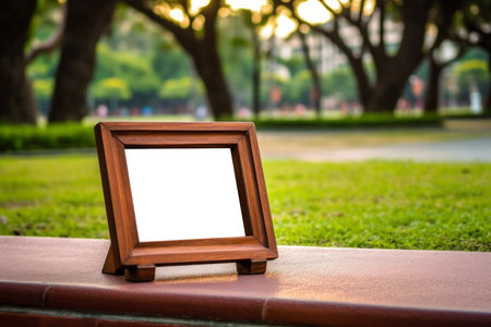 Mockup or design concept. Sleek and modern photo frame mockup, great for design or branding presentations against a park background. Generative AI Technology.の素材