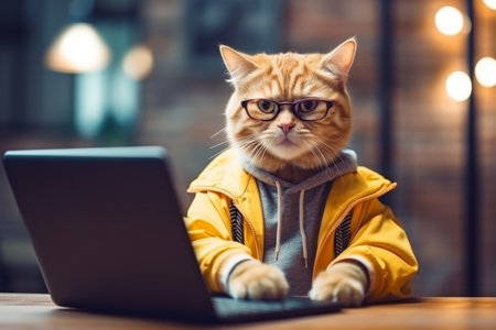 whimsy and creativity of a cat dressed as a designer, wearing a knitted hat and glasses, hard at work on a laptop, exuding intelligence and ingenuity. Generative AI Technology.の素材