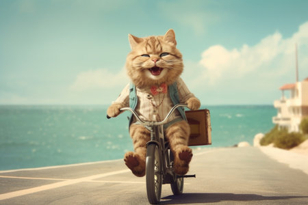 happy and carefree cat riding a bike in the summertime. Generative AI Technology.の素材