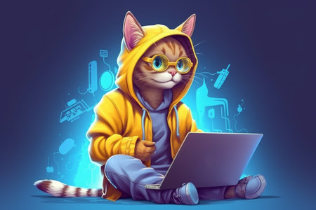 whimsy and creativity of a cat dressed as a designer, wearing a knitted hat and glasses, hard at work on a laptop, exuding intelligence and ingenuity. Generative AI Technology.の素材
