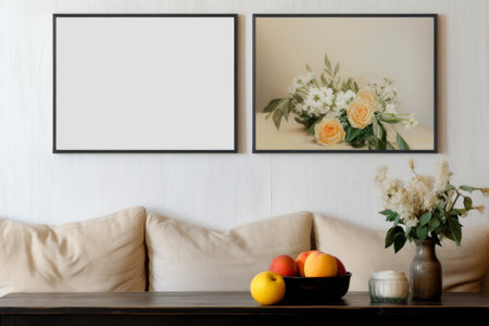 Room featuring several large paintings hung above a modern and comfortable sofa. Interior design, home decor. Generative AI Technology.の素材