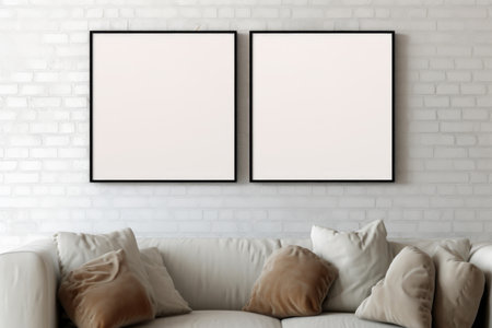 Room featuring several large paintings hung above a modern and comfortable sofa. Interior design, home decor. Generative AI Technology.の素材