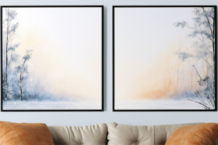 Room featuring several large paintings hung above a modern and comfortable sofa. Interior design, home decor. Generative AI Technology.の素材