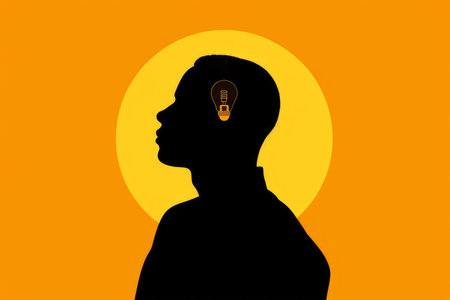 Moment of inspiration and creativity, silhouette of a man with lightbulb above his head. Idea itself, suggesting its potential and impact on the future. AI technology.の素材