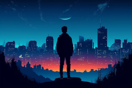 man standing in front of a city skyline at night. Great for editorial, advertising, and commercial projects. Generative AI Technology.の素材