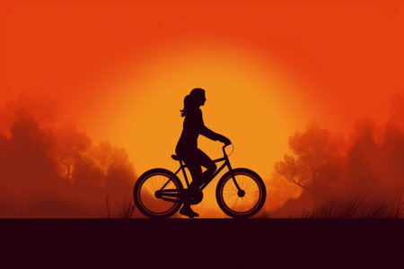 A girl on a bike rides into the sunset against a beautiful natural landscape. Generative AI Technology.の素材