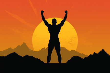 Strength and determination of a sporty man flexing his muscles in triumph. The striking pose and bold lighting create a sense of power and confidence. Generative AI Technology.の素材