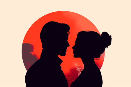 Essence of love and connection, the silhouettes of a couple against a breathtaking sunset. Generative AI Technology.の素材