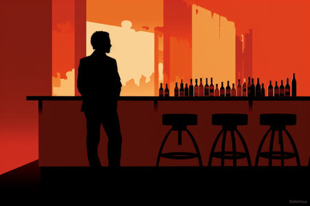 Peaceful and contemplative scene of a person enjoying a cup of coffee alone at night, looking out of a dark window. Perfect for relaxation or solitude themes. Generative AI Technology.の素材