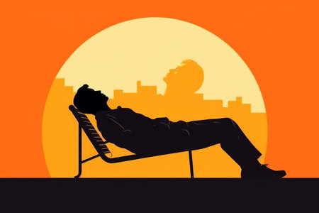 Silhouette of a person relaxing on a sun lounger against a stunning sunset. The tranquil colors and peaceful atmosphere create a sense of calm and relaxation. Generative AI Technology.の素材