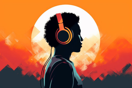 An illustration of a female silhouette wearing over-ear headphones. the idea of music and technology as a source of inspiration and relaxation. Generative AI Technology.の素材