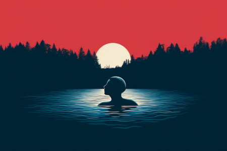 Silhouette of a guy enjoying a peaceful swim in the lake during a beautiful sunset. Calming and serene atmosphere, nature, relaxation, and meditation. Generative AI Technology.の素材