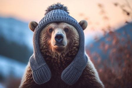 Cuddly teddy bear, adorned in a knitted hat, enjoying the winter snow against a mountainous backdrop, evoking the spirit of Christmas. Generative AI Technology.の素材