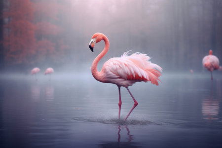 pink flamingo walking gracefully on the surface of calm water. Delicate balance and poise of flamingo in motion creates a sense of tranquility and peacefulness. Generative AI Technology.の素材