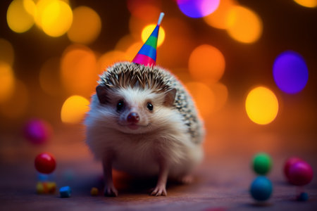 Charming and playful spirit of holiday season. Cute little hedgehog wearing funny hat is sure to bring a smile to anyones face. Generative AI Technology.の素材