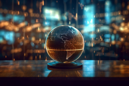 Glass globe designed to look like miniature Earth, complete with continents in intricate detail. Globe rests on sleek and modern stand, creating a sense of elegance. Generative AI Technology.の素材