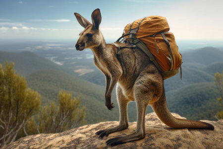 Kangaroo tourist on mountain with backpack. travel. nature or adventure. Generative AI Technology.の素材