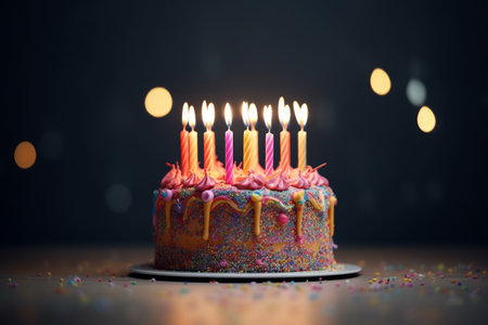 Colorful and decadent birthday cake with burning candles standing proudly on table, ready to be celebrated and enjoyed. Generative AI.の素材