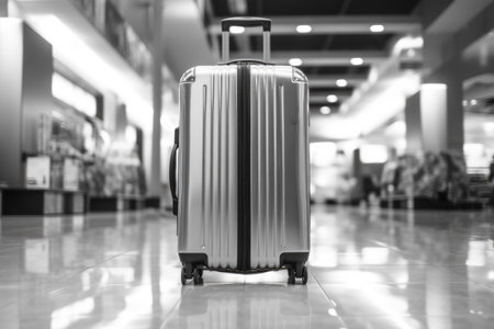 gray suitcase sitting on the floor in an airport, sense of anticipation and travel. ready to depart on a journey or after arriving at a new destinationの素材