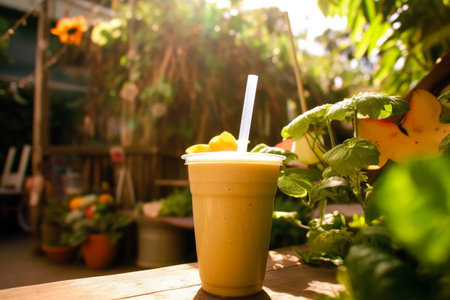 cup of smoothie shakes drink with fruity juice flavors with a straw on a wooden tableの素材