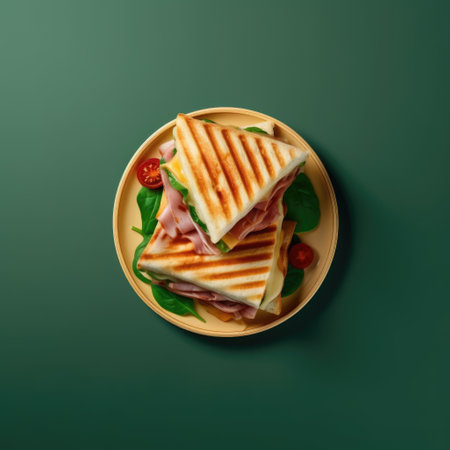 Grilled salmon fillet and fresh arugula sandwiched between two slices of bread, topped with a tangy mustard sauce.の素材