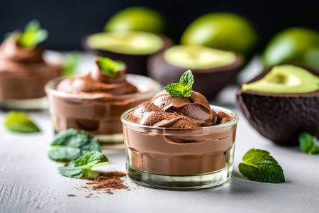 chocolate mousse with avocado and mint leaves, culinary masterpiece that combines rich chocolate flavor with refreshing notes of avocado and aromatic mintの素材