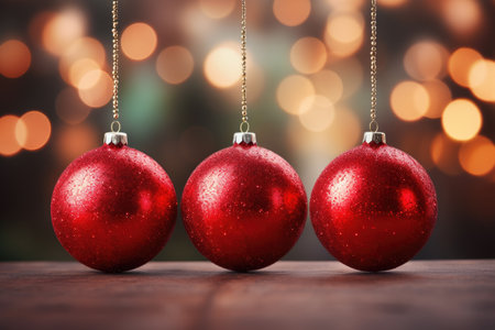 shiny red Christmas ball bouncing in front of blurred Christmas candle light and unfocused bokehの素材