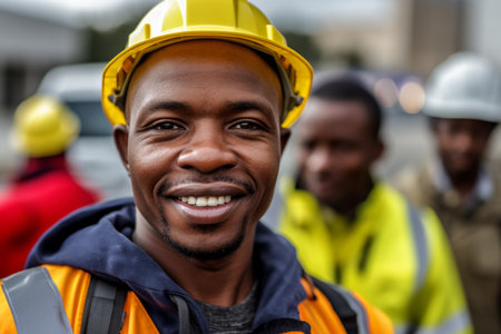 young black male worker on a construction site. He is wearing a yellow construction helmet and vest, and holding some kind of tool in his handsの素材