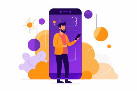 social media user is depicted standing in front of his smartphone. communication and technological connection to the worldの素材