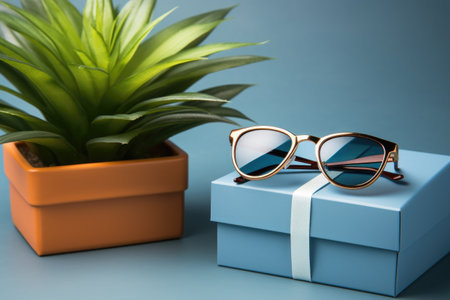 Trendy and stylish fashionable sunglasses elegantly presented in blue gift box alongside fresh green plant.の素材