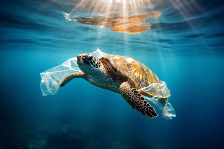 sea turtle swimming with a plastic bag. environmental problem and harm caused to marine life by pollution, vulnerability and beauty of nature, is confronted with the danger presented by wasteの素材