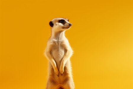 meerkat standing up on a yellow background. The photo is cute and could be associated with wild animals and exotic trips to Africa.の素材
