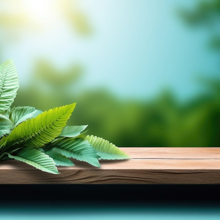 wood board with plants and green background on a wooden table. symbolize nature, healthy lifestyle, and ecology.の素材