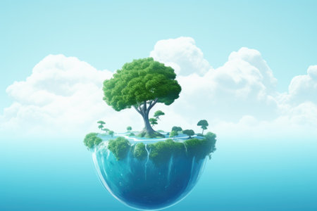 Whimsical illustration showcases an imaginative island adorned with solitary tree, surrounded by fluffy clouds above. Ideal for creative concepts, dreamscapes, and imaginative journeys-themed visuals.の素材