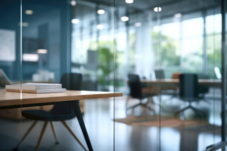 A blurred background featuring a conference room with brightly colored chairs. Perfect for business, meetings, and corporate settings.の素材