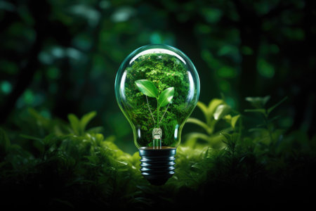 An eco-friendly light bulb with a cluster of plants inside, set against the backdrop of a lush forest. This concept symbolizes the integration of sustainable technology and nature.の素材