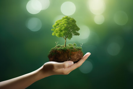 Person holding small piece of land with tree on it. This image can be used to represent environmental conservation, gardening, or land ownership.の素材