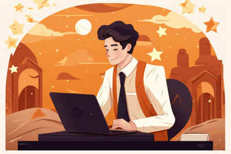 Man sitting at desk using laptop computer. Suitable for business, technology, and remote work concepts.の素材