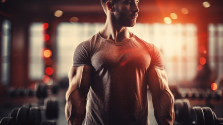 man wearing a t-shirt standing in the gym. positive mood and motivation are clearly expressed, make a decision to exercise and improve their physical fitnessの素材