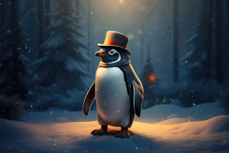 penguin dressed up in a top hat standing in the snow, standing on its hind legs, with its body uprightの素材