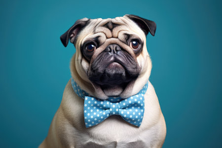 pug wearing a blue bow tie on a blue background, charm and fun of this dog breed. stylish look to itの素材