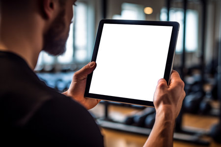 man in a gym holding an electronic tablet with white screen, looks at the training program and analyzes the loadsの素材