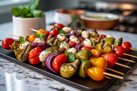 skewer platter with grilled vegetables kebabs, veggies and saladの素材