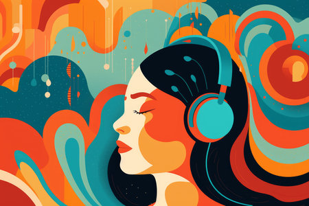 woman listening to a song in the abstract colorful art, girl with headphonesの素材