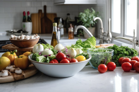 many foods, vegetables in a kitchen with healthy, organic saladの素材