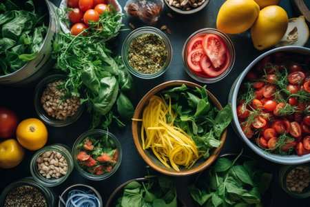 arrangement of various ingredients such as tomatoes, spinach, cilantro and beans ingredients in bowls sitting on a dark tableの素材