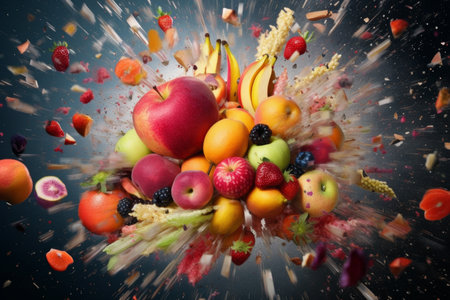 bunch of fruit floating after a splash, explosion is depicted, fall down in a blender on dark backgroundの素材