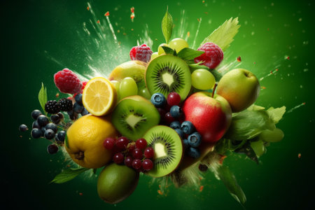 fresh fruits splashing on green background, bunch of fruit in motion, pieces of fruit are droppingの素材