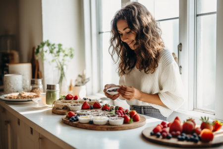 young woman in kitchen with healthy fruits and yogurt for smoothie in front of a windowの素材