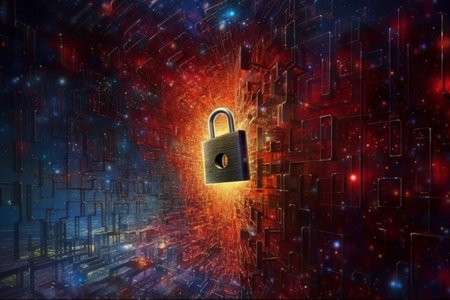 padlock with digital technology elements set against abstract background, emphasizing the importance of information security in modern electronic eraの素材